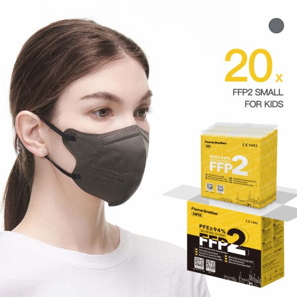 FlameBrother FFP2 Small Size Mask for Kids CE 1463 Certified FFP2 Respirator Masks 20pcs Grey